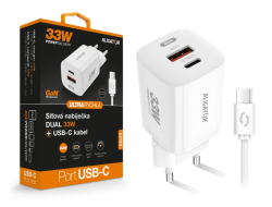 ALIGATOR Mini PD 33W, USB-C+A, rychlá nabíječka GaN, s kabelem USB-C/USB-C, bílá