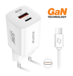 ALIGATOR Mini PD 33W, USB-C+A, rychlá nabíječka GaN, s kabelem USB-C/USB-C, bílá
