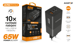 Chytrá síťová nabíječka ALIGATOR GaN, Power Delivery 65W, 2xUSB-C, 1xUSB-A, černá
