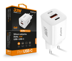 Rychlá mini síťová nabíječka ALIGATOR Power Delivery 33W, GaN, USB-C + USB-A, bílá